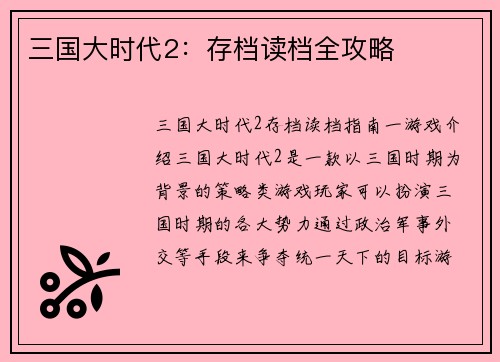 三国大时代2：存档读档全攻略